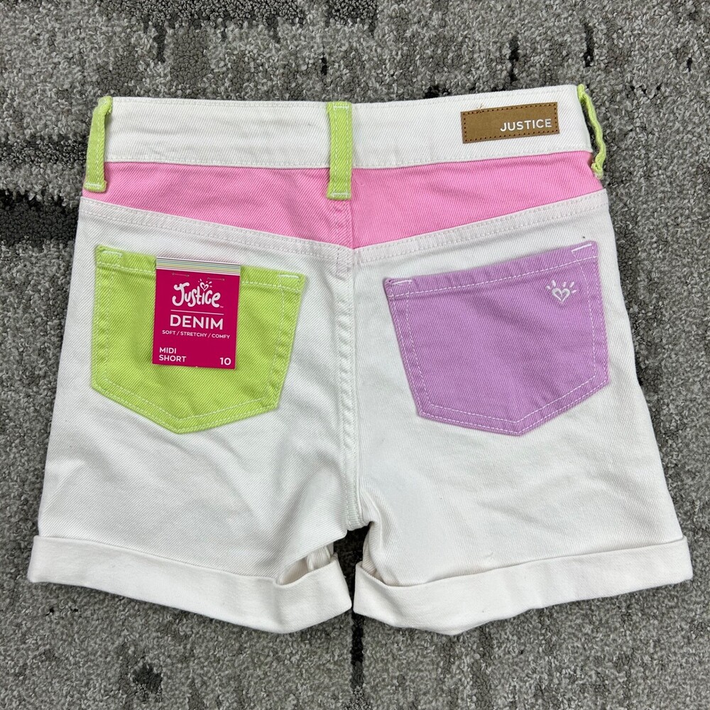 Vintage Y2K Justice Denim White Jeans Shorts Green/Pink/Purple Pockets Girls 10